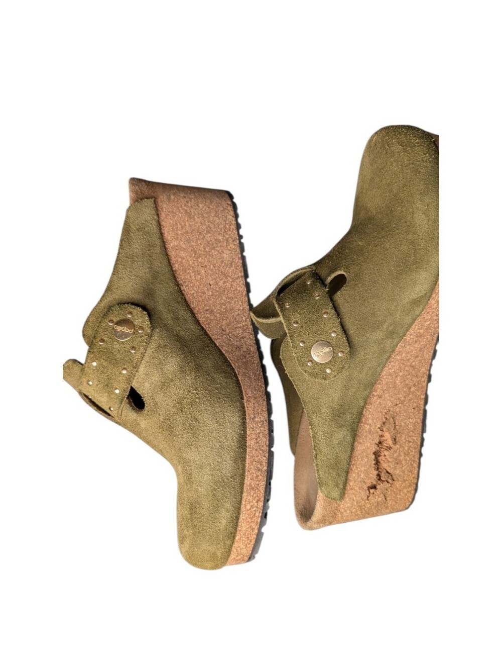 As-Is Papillio Birkenstock Fanny Wedge Clog Green Suede Size 39 cork damage flaw - Picture 9 of 10
